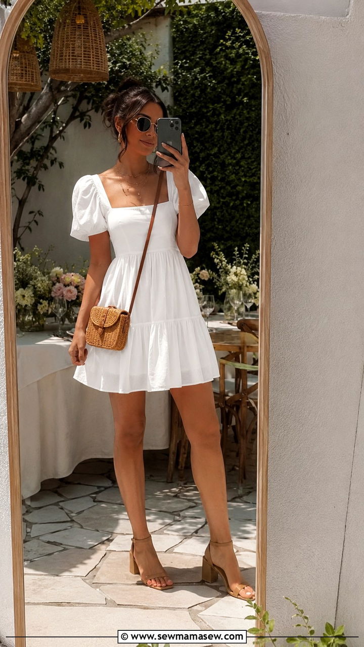 Puff sleeve mini dress with block heels - 30 Mini dress outfit ideas with heels