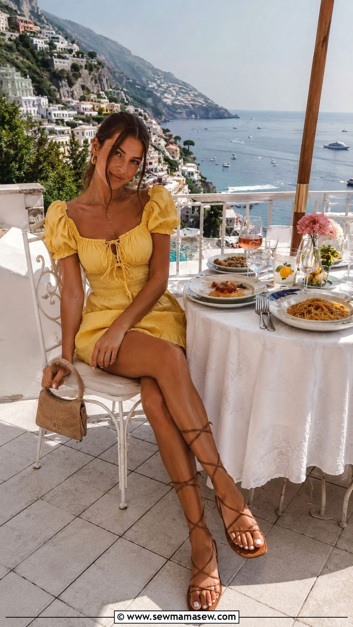 Puff sleeve mini dress with lace up sandals - 25 Positano outfit ideas