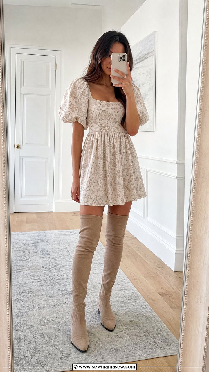 Puff sleeve mini dress with over the knee boots - 25 Petite outfit ideas to avoid