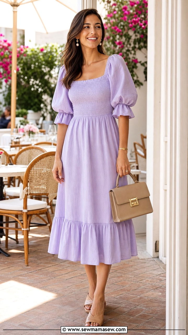 Puff sleeve smocked dress with mules - 25 Smocked dress outfit ideas summer