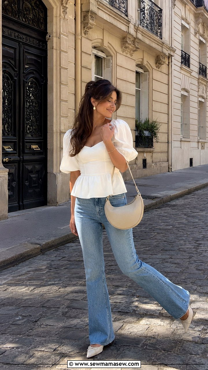 Puff sleeve top and flare jeans - 30 Spring outfits with flare jeans