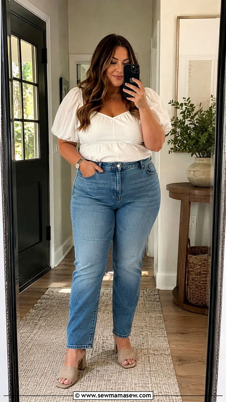 Puff sleeve top and straight leg jeans outfit - 20 Plus size outfit ideas size 16