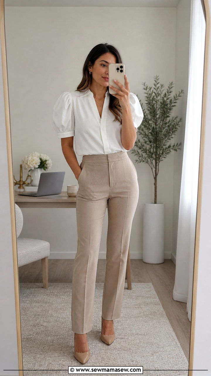 PuffSleeve Blouse And StraightLeg Trousers For WFH - 40 Work from home outfit ideas