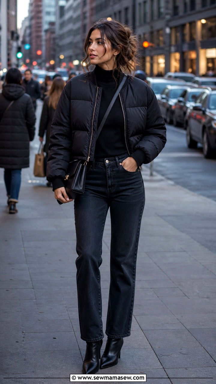 Puffer Bomber Coat With Dark Jeans And Heeled Ankle Boots - 40 dinner outfits for women