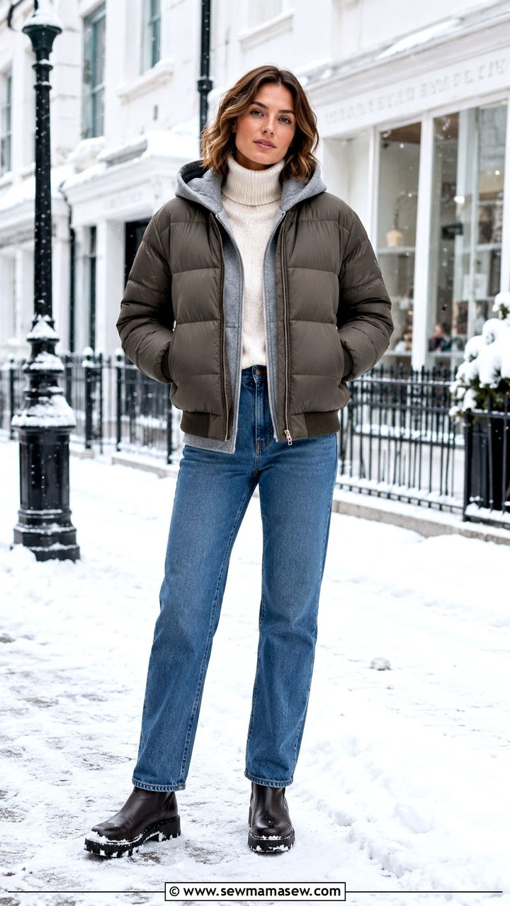 Puffer Bomber Jacket With Winter Layers - 25 bomber jacket outfits for women over 40