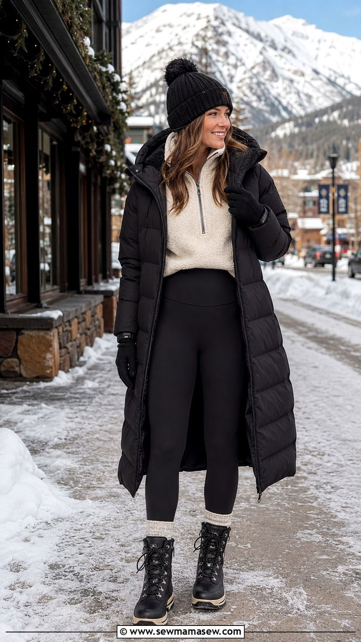 Puffer Coat And Fleece Lined Leggings Winter Look - 25 seasonal travel outfit ideas