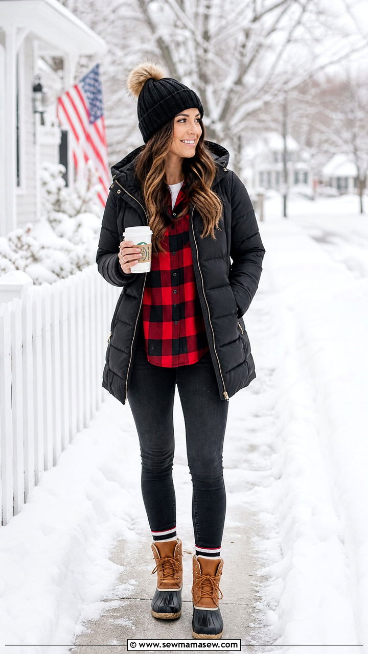 Puffer Coat With Plaid Shirt and Duck Boots - 25 Chicago outfit ideas