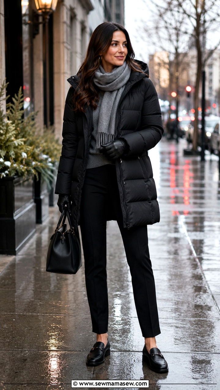 Puffer Coat With Ponte Pants And Slip Resistant Loafers - 30 Rainy day work outfit ideas