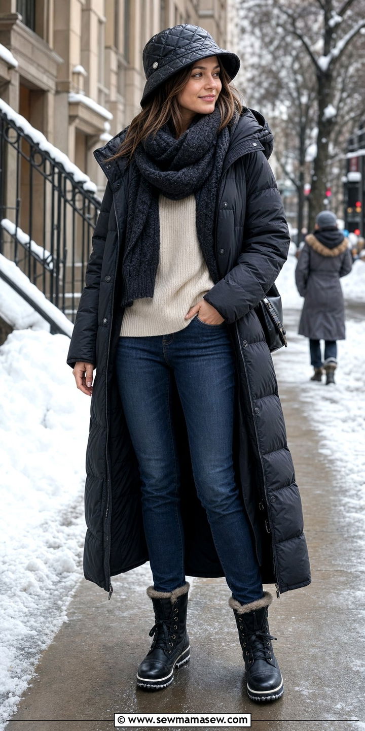 Puffer Coat and Quilted Bucket Hat - 35 Bucket hat outfit ideas