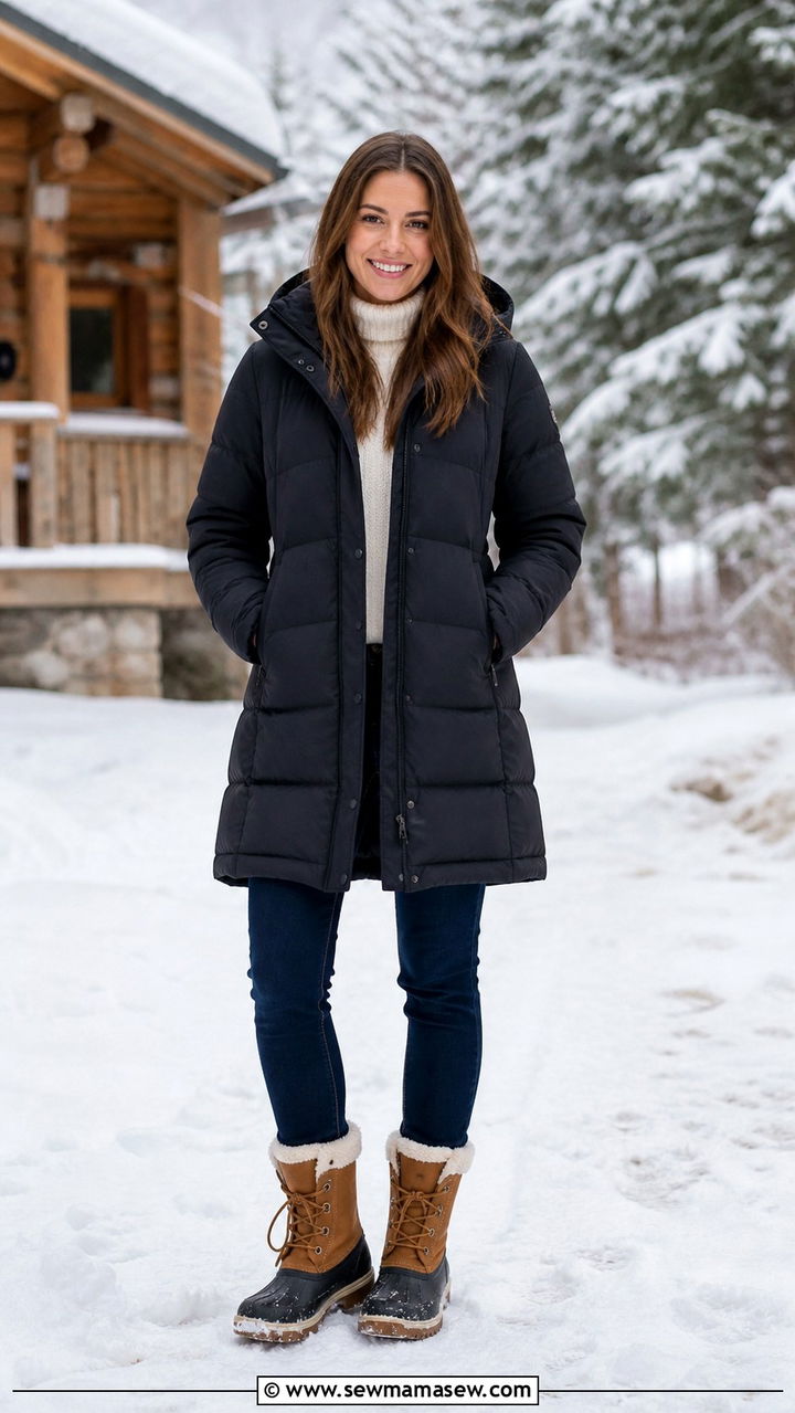 Puffer Coat with Fleece Lined Jeans and Duck Boots - 40 rainy day outfits
