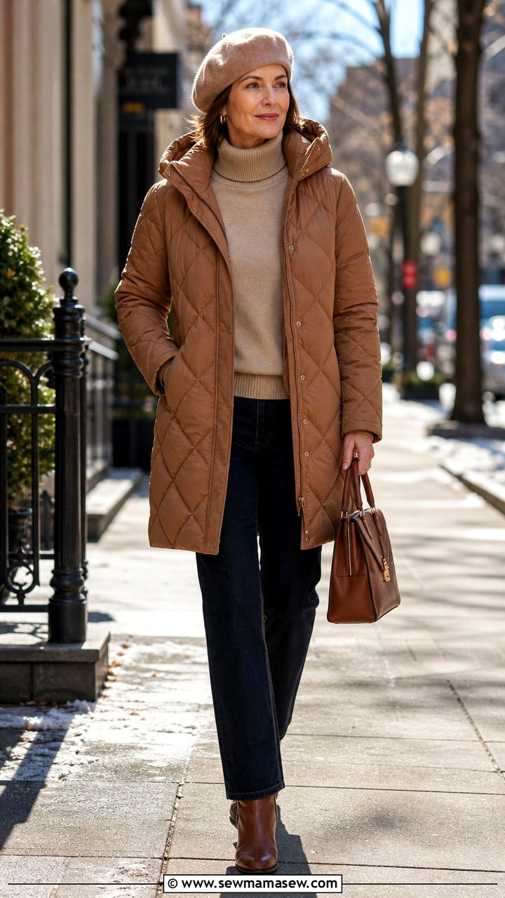 Puffer Coat with Straight Jeans and a Beret - 20 55 year old woman outfit ideas