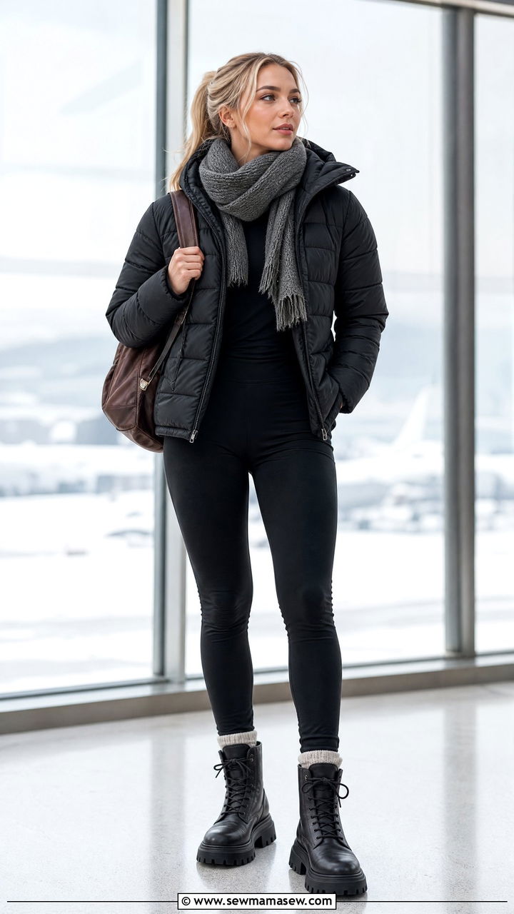 Puffer Jacket And Leggings Winter Airport Outfit - 30 Europe airport outfit ideas