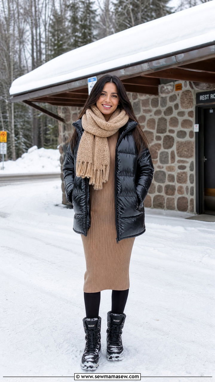 Puffer Jacket And Ribbed Knit Dress - 40 Road trip outfits