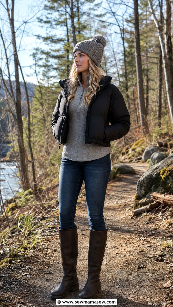 Puffer Jacket And Thermal Top Outfit - 30 Spring cabin outfits