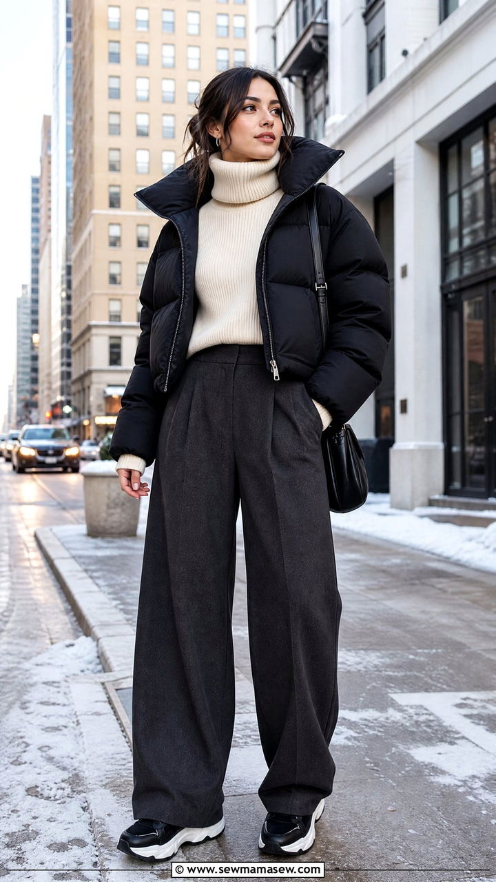 Puffer Jacket And Wide Leg Trousers With Sneakers - 35 jacket outfits