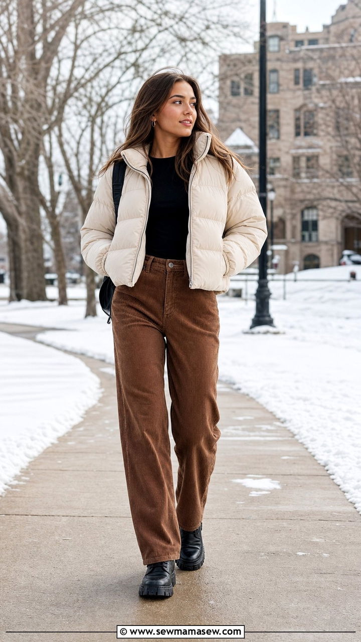 Puffer Jacket Corduroy Pants College Outfit - 25 College outfit ideas modest