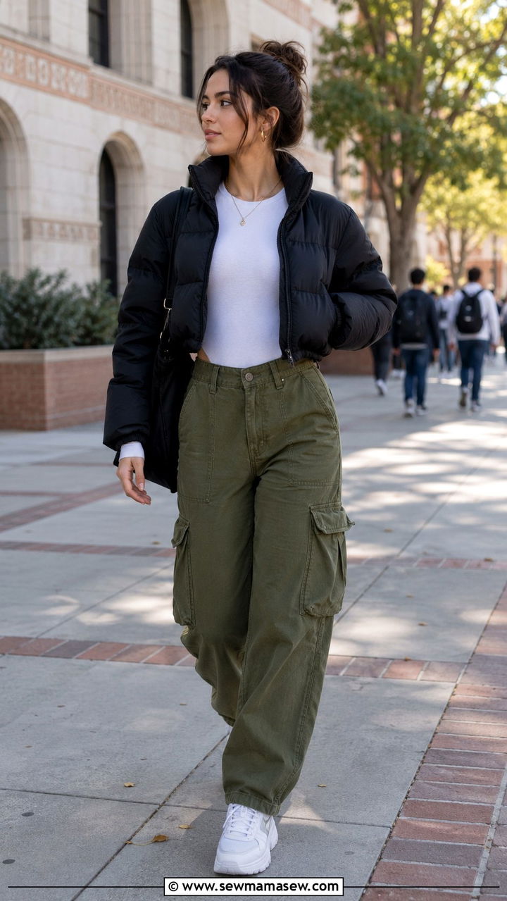 Puffer Jacket Over A Bodysuit And Cargo Pants - 20 Frat party outfit ideas alternative