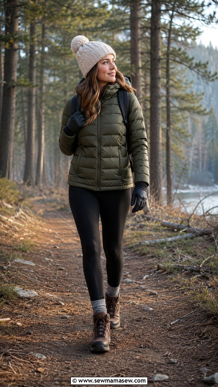 Puffer Jacket With Fleece Lined Leggings Spring Camping Outfit - 30 Spring camping trip outfits