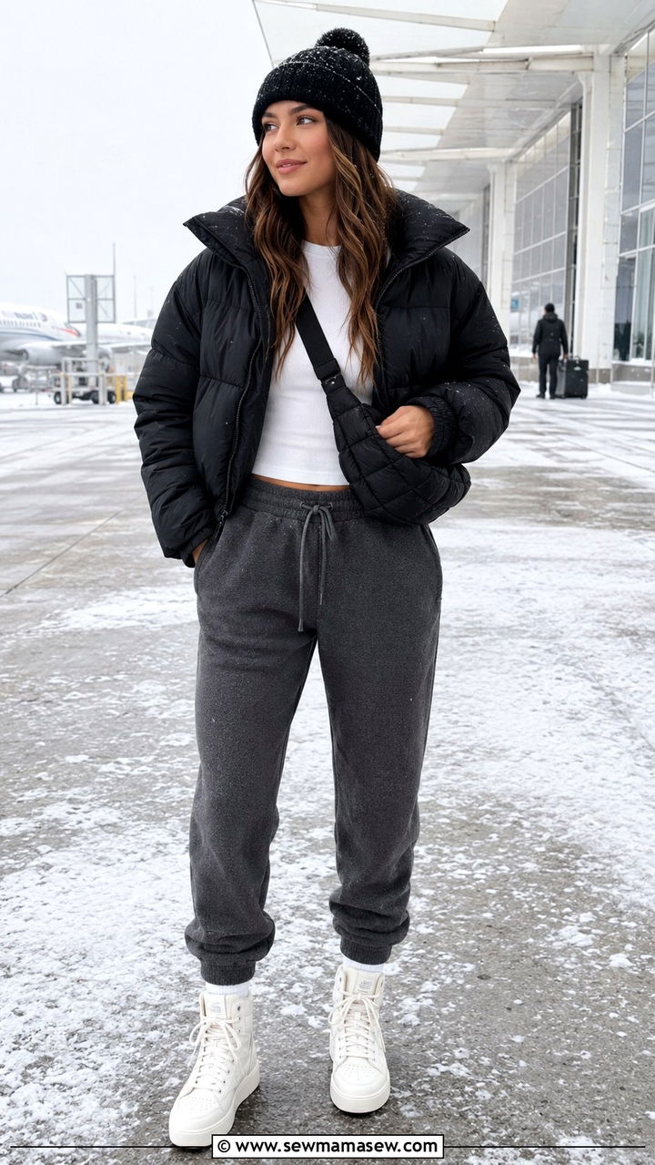 Puffer Jacket With Joggers Winter Travel Outfit - 25 Airport outfit ideas with joggers