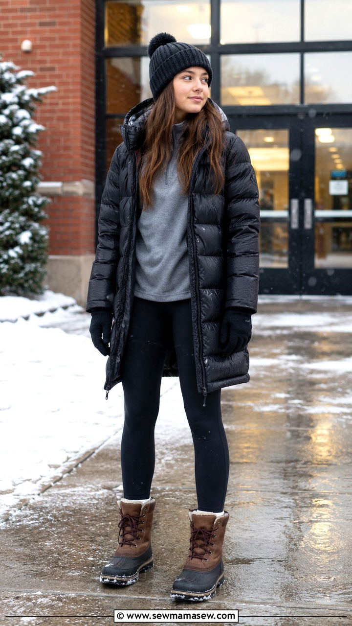 Puffer Jacket With Leggings and Snow Boots - 30 Rainy day school outfit ideas
