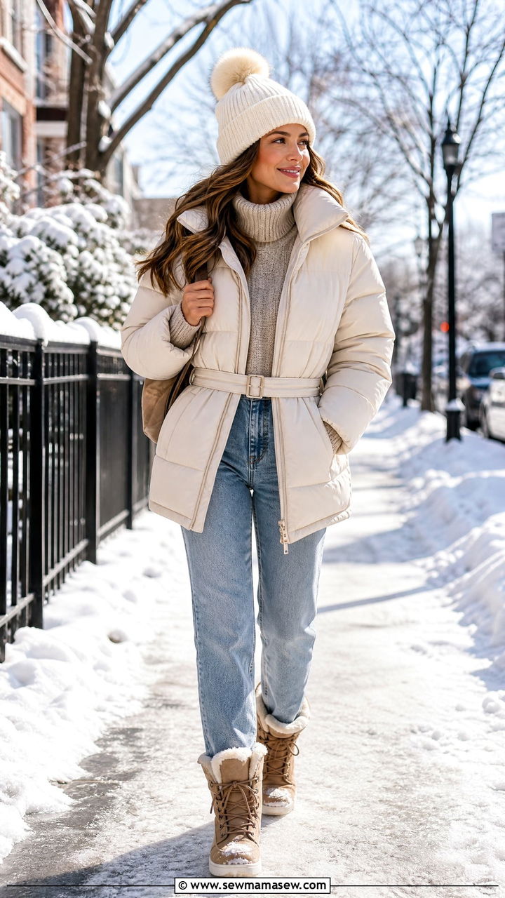Puffer Jacket With Sweater Straight Jeans and Snow Boots - 30 transitional outfits aesthetic