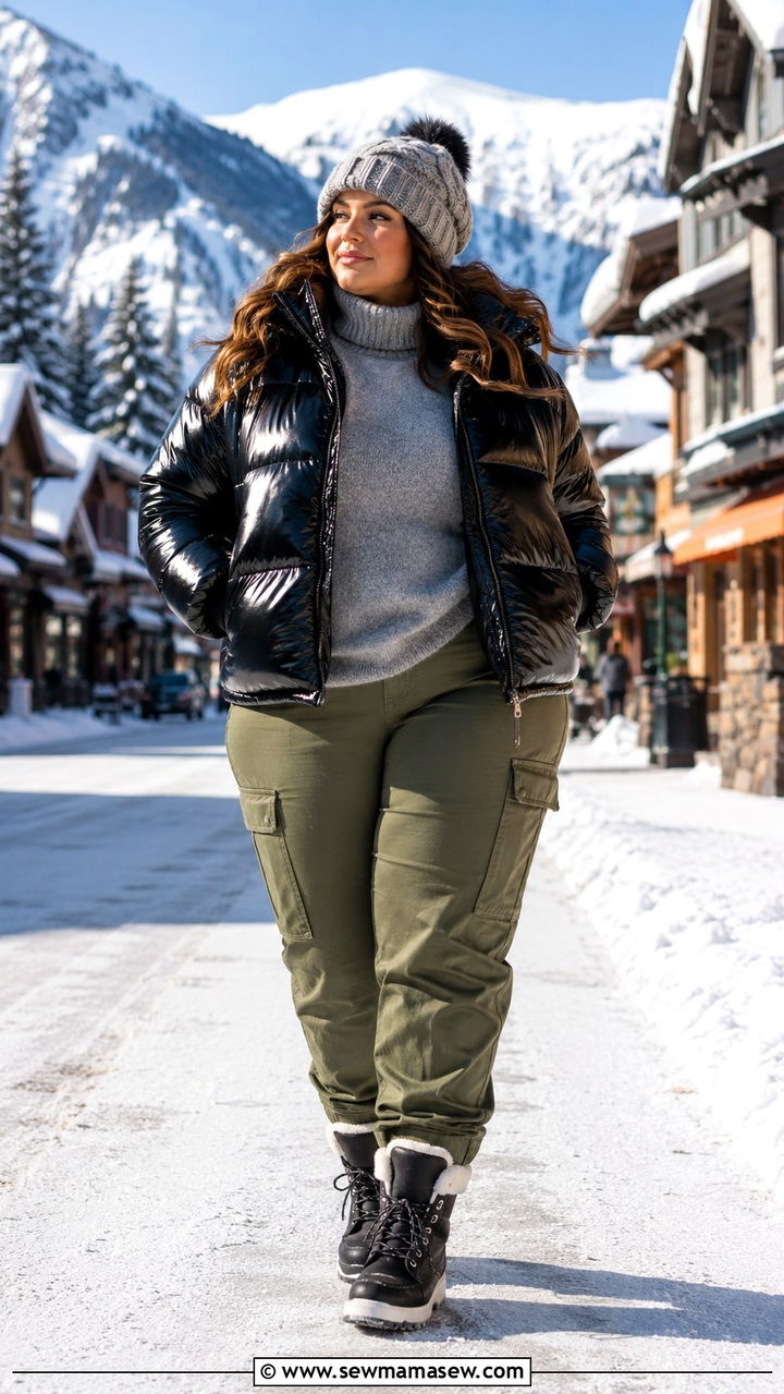 Puffer Jacket With a Turtleneck Cargo Pants and Snow Boots - 30 Plus size outfit ideas with cargo pants