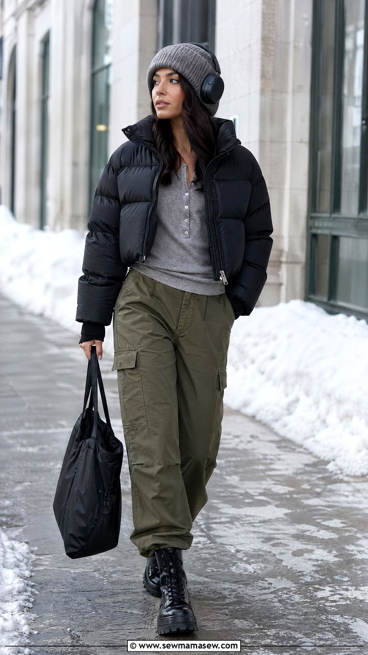 Puffer Jacket and Cargo Pants Outfit - 35 Downtown girl outfit ideas