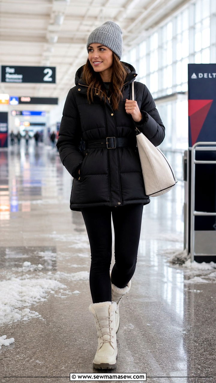 Puffer Jacket and Fleece Lined Leggings with Snow Boots Airport Outfit - 40 Chic airport outfits