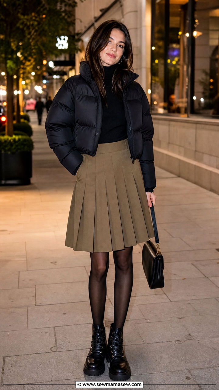 Puffer Jacket and Pleated Skirt Outfit - 25 Gorpcore outfit ideas 2026