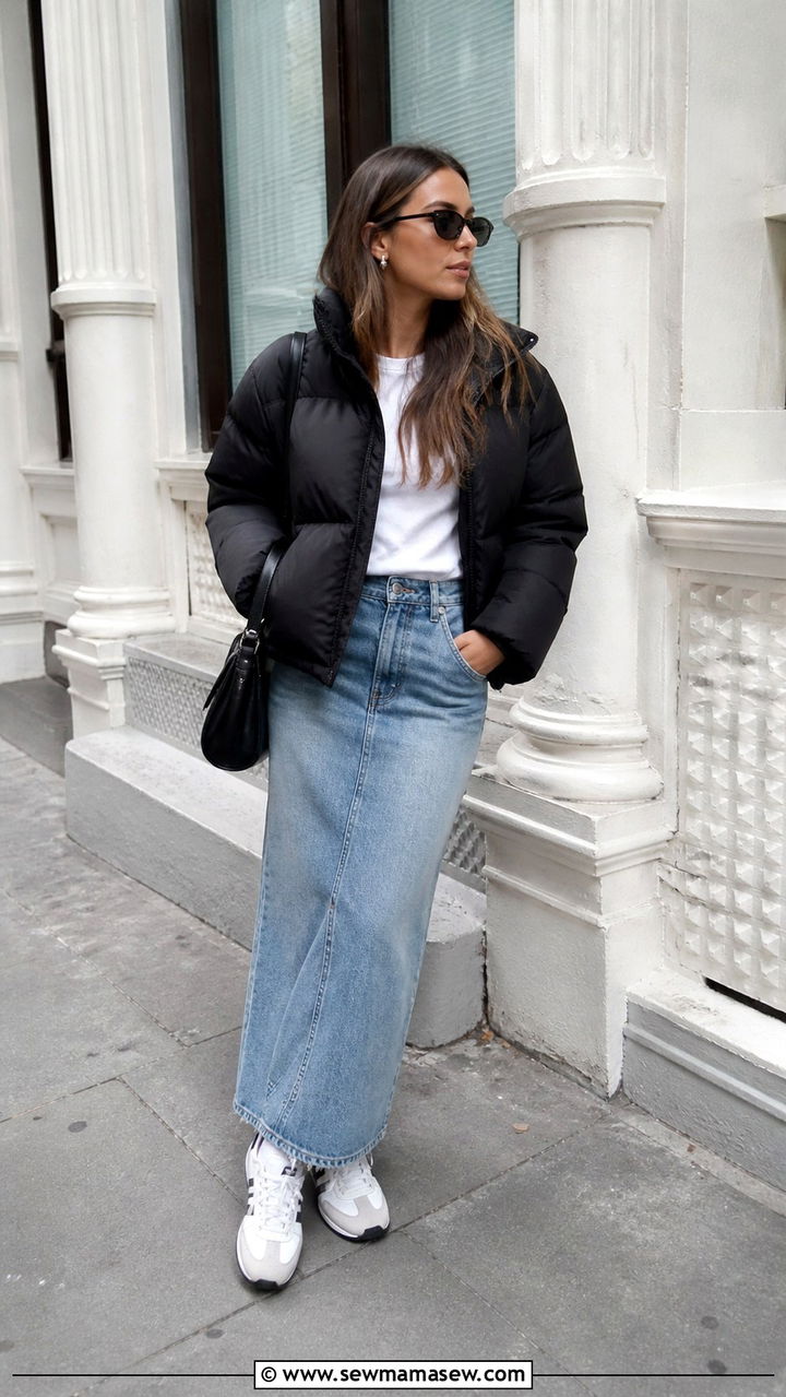 Puffer Jacket and Sneakers with Denim Maxi Skirt - 40 denim skirt outfits
