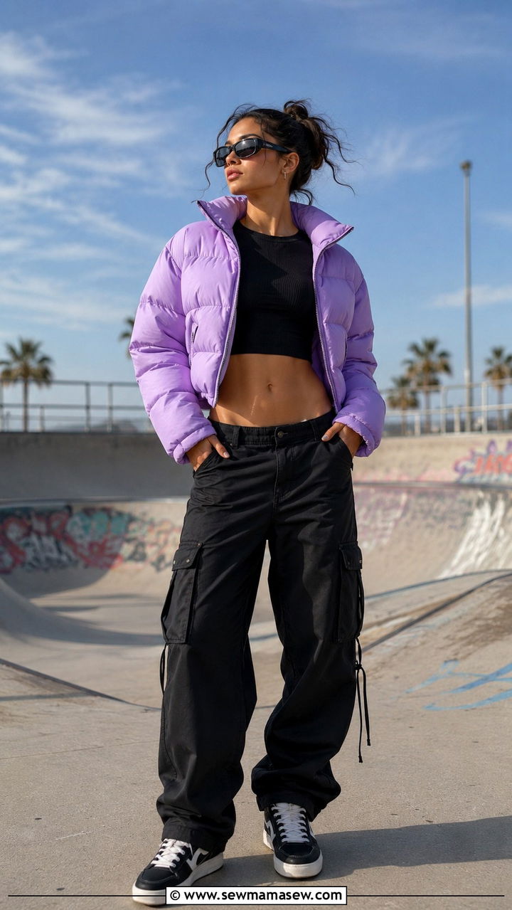 Puffer Jacket with Cargo Pants and a Crop Top - 20 Summer outfits with puffer jacket