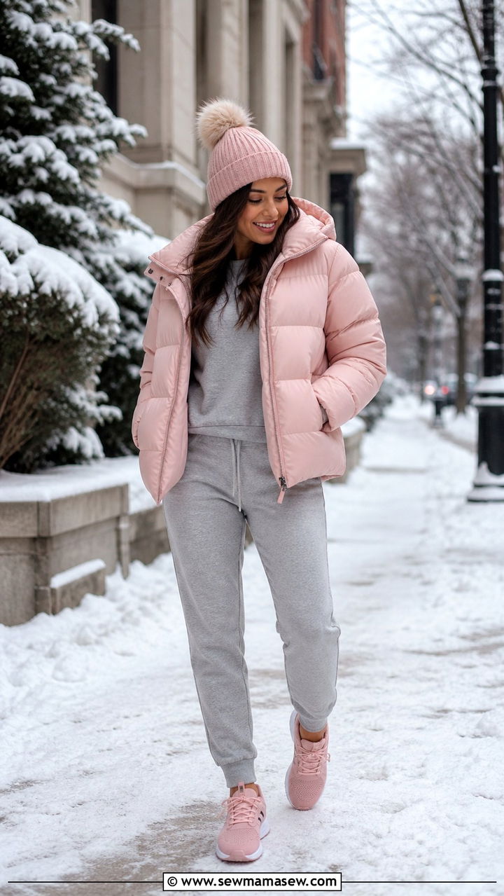 Puffer Jacket with Gray Joggers and Pink Sneakers - 40 cute outfits