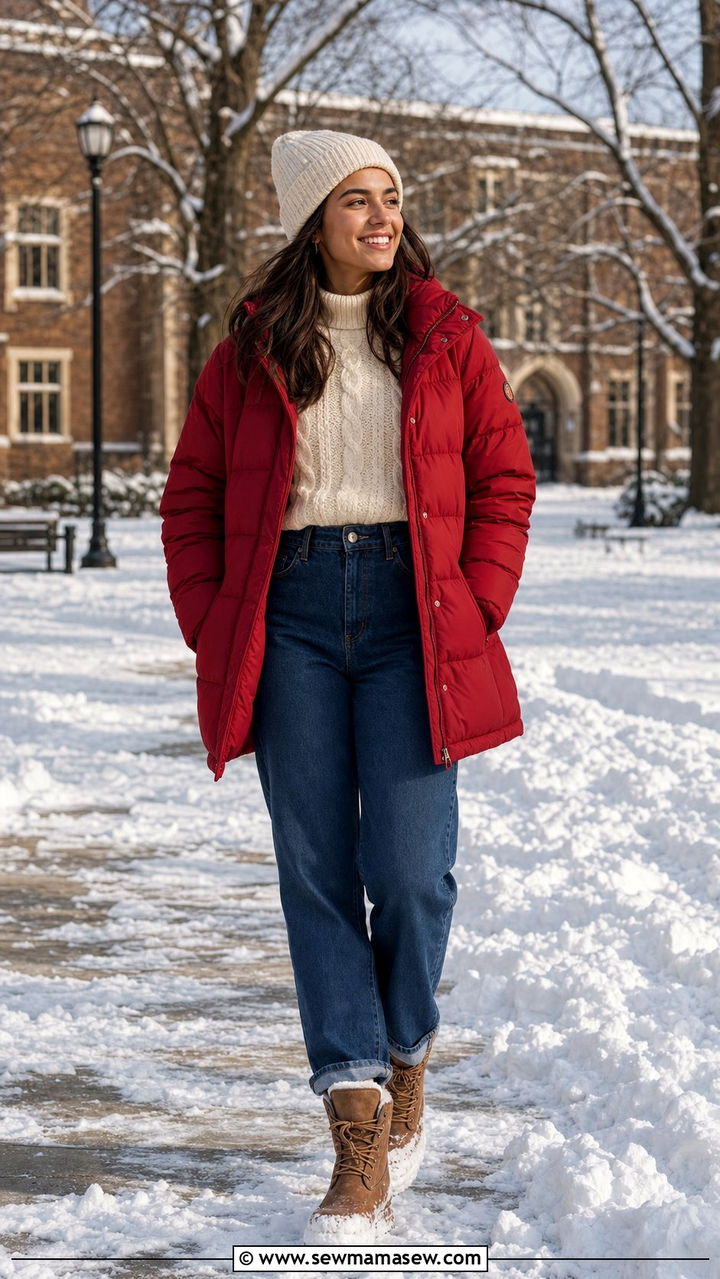 Puffer Jacket with Jeans Outfit Winter - 35 casual college outfits