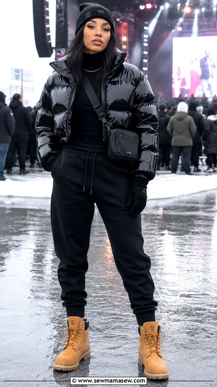 Puffer Jacket with Joggers Rap Concert Outfit - 25 Rap concert outfit ideas