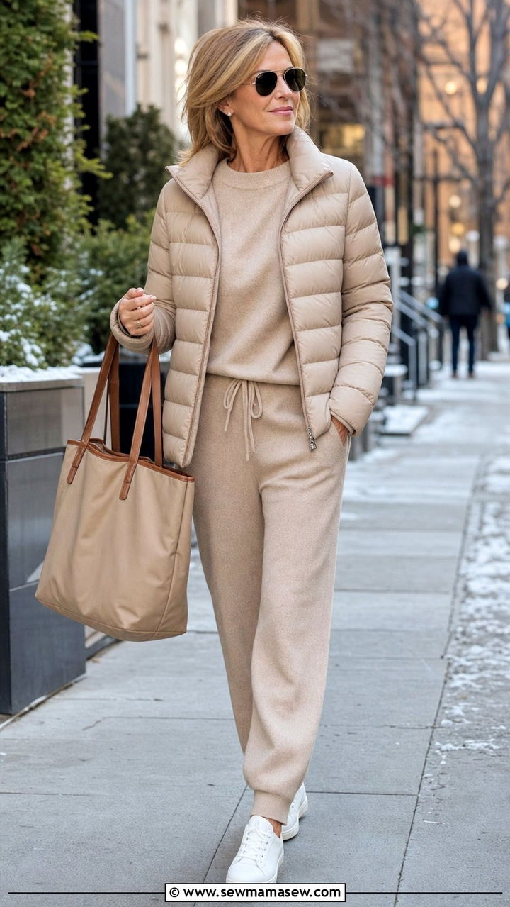 Puffer Jacket with Knit Set and Sneakers - 35 Brunch outfits for women over 40