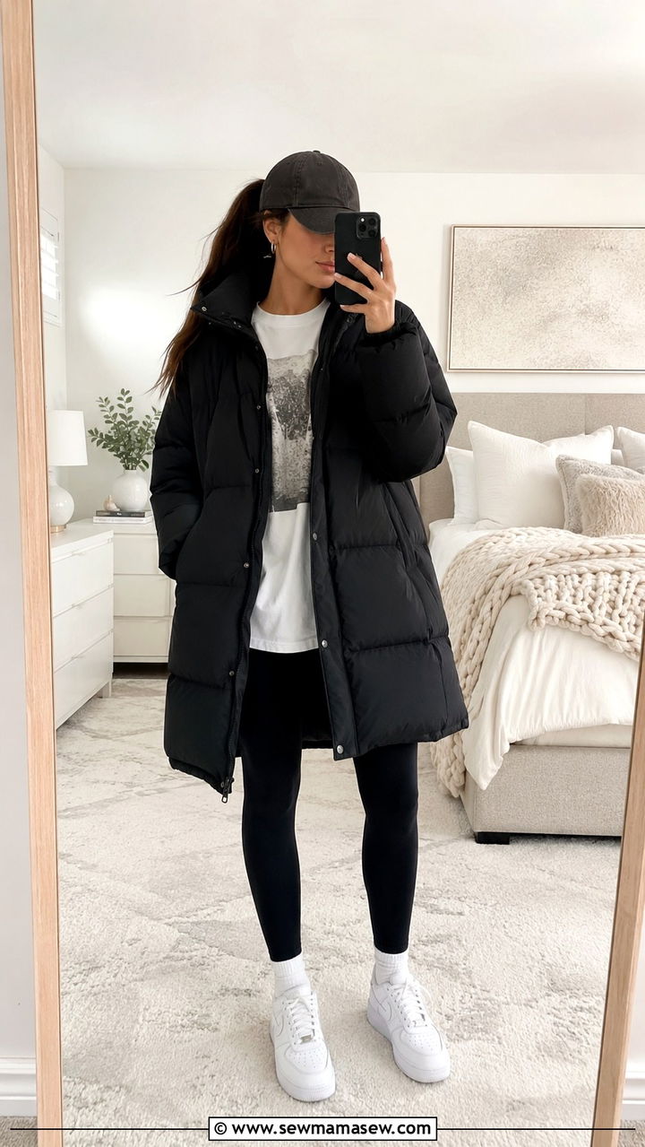 Puffer Jacket with Leggings and Oversized Tee - 20 Summer outfits with puffer jacket