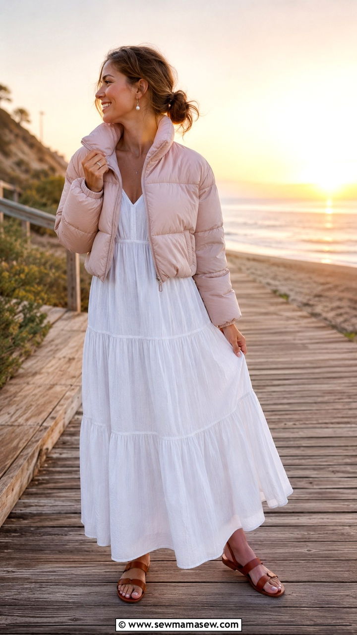 Puffer Jacket with Maxi Sundress - 20 Summer outfits with puffer jacket