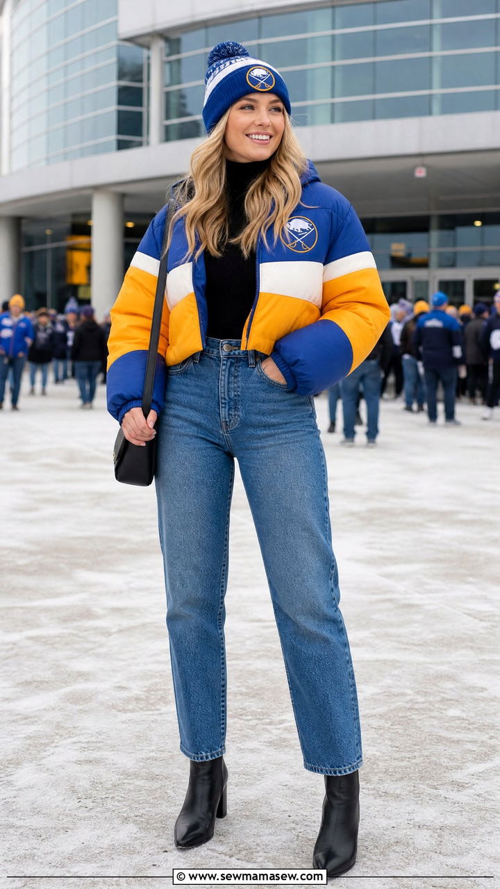 Puffer Jacket with Turtleneck and Jeans - 25 Hockey game outfit ideas