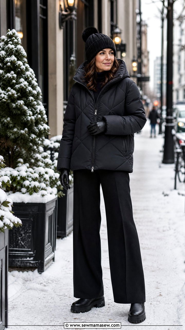 Puffer Jacket with Wide Leg Trousers - 30 everyday outfit ideas for women over 40