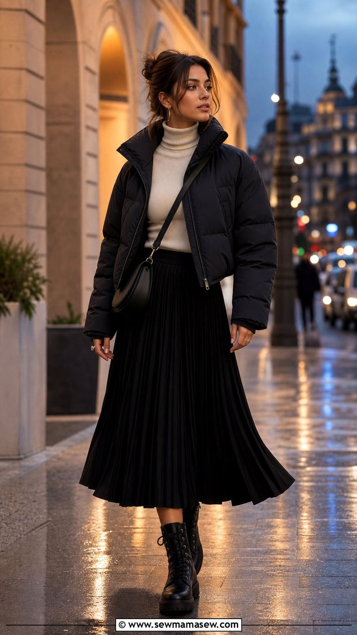 Puffer Jacket with a Midi Skirt and Turtleneck - 35 casual dinner outfits
