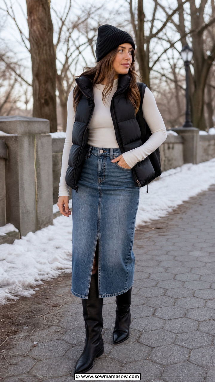Puffer Vest And A Denim Skirt Cold Weather Layer - 35 How to style a denim skirt