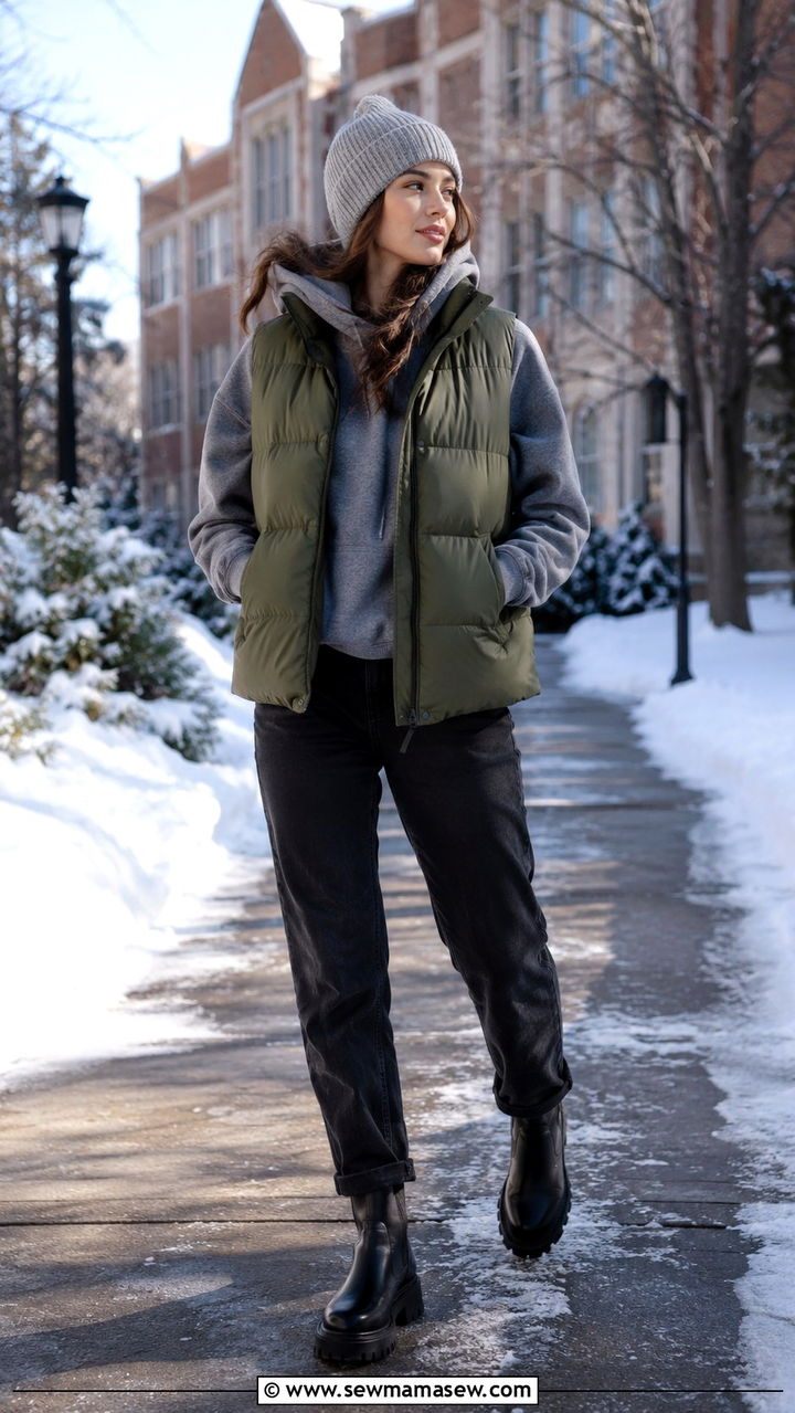 Puffer Vest Layered Over Hoodie Outfit - 25 PhD student outfit ideas