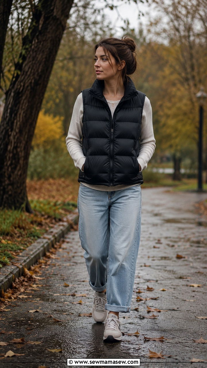 Puffer Vest Layered Over Long Sleeve Tee With Jeans - 30 rainy day outfits casual