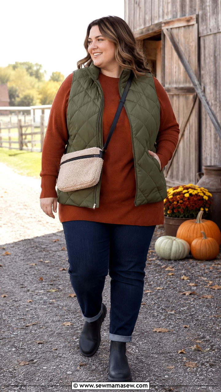 Puffer Vest Layered Over Sweater and Jeans Plus Size - 30 Modest outfit ideas plus size