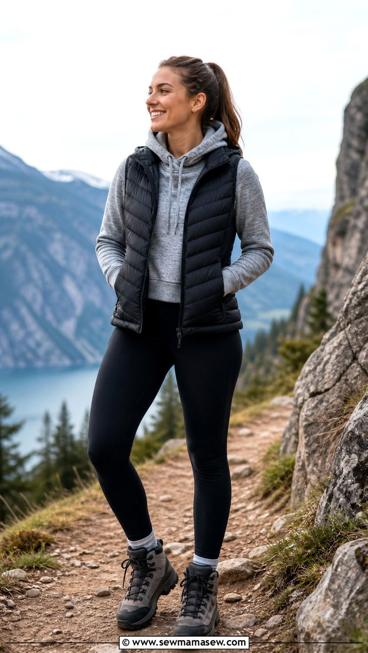 Puffer Vest Layered Over a Hoodie and Leggings - 40 jacket outfits for women