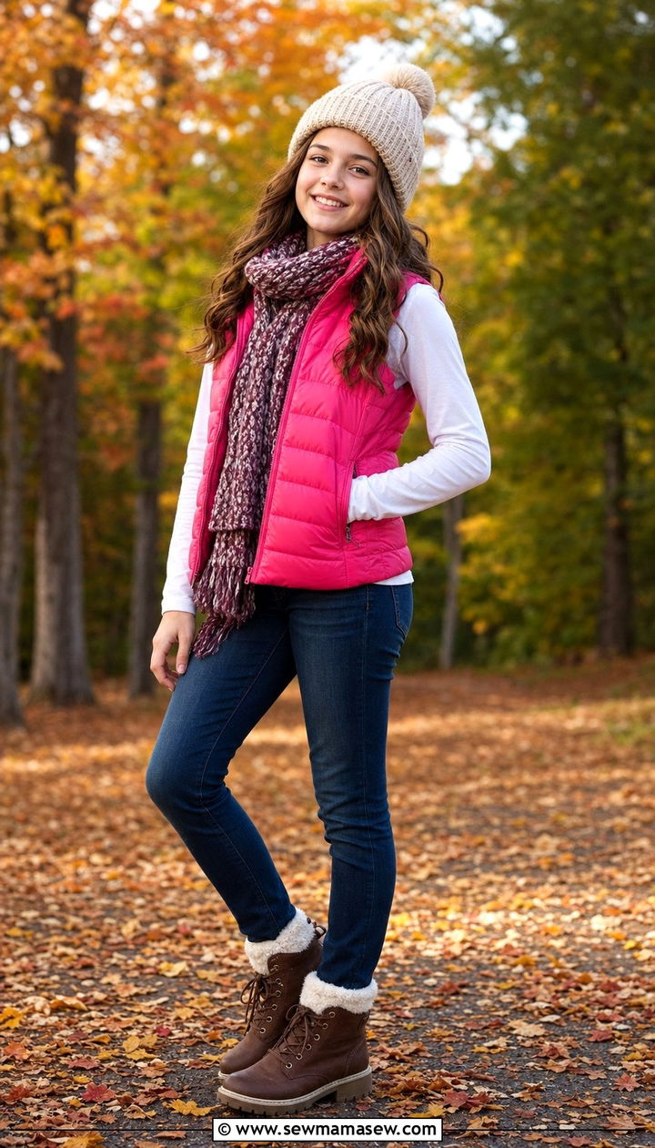 Puffer Vest Layered Over a Long Sleeve Tee - 25 Cute outfits for 14 year olds