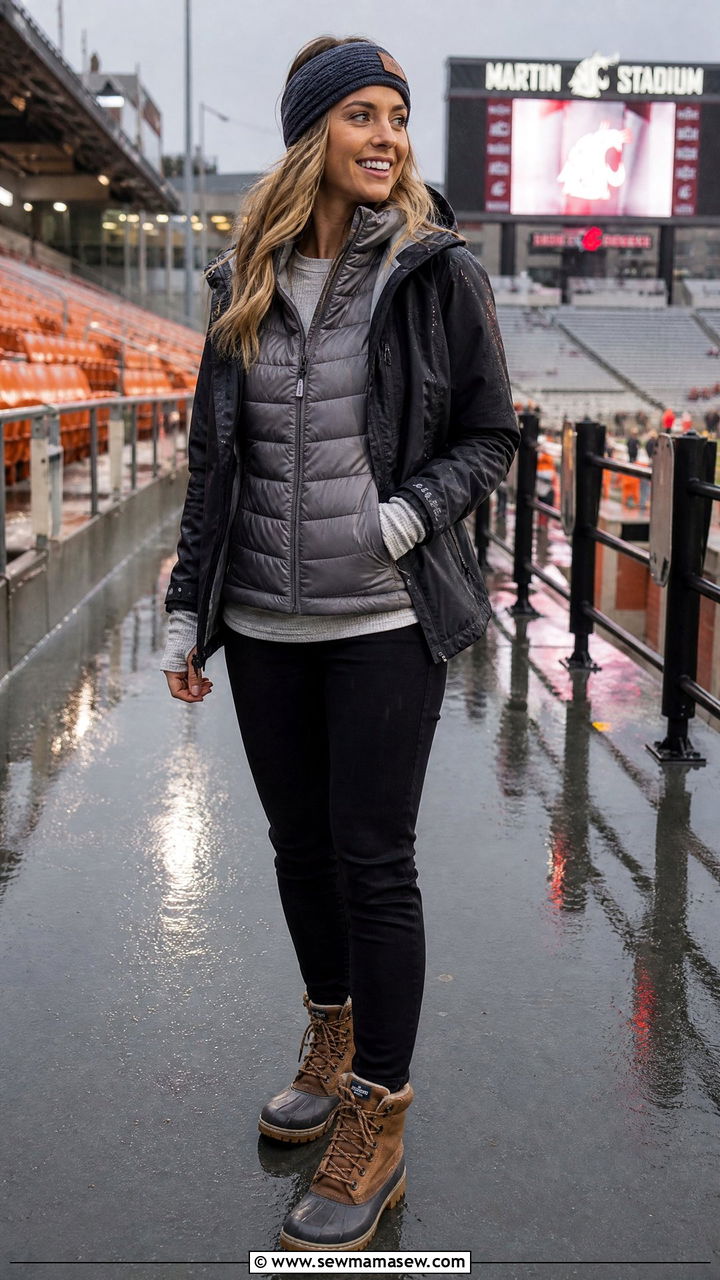 Puffer Vest Layered Under A Rain Jacket - 25 Gameday outfit ideas rainy weather