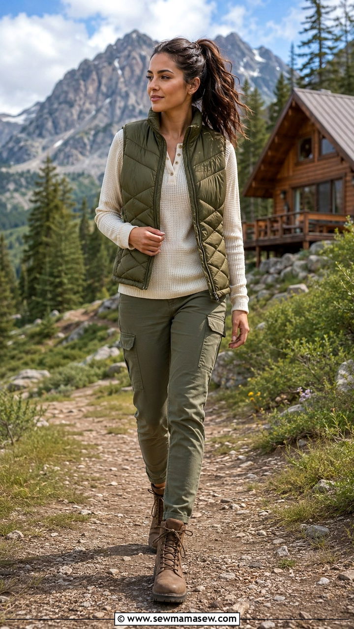 Puffer Vest Outfit with Long Sleeve Thermal and Cargo Pants - 30 Spring cabin weekend outfits