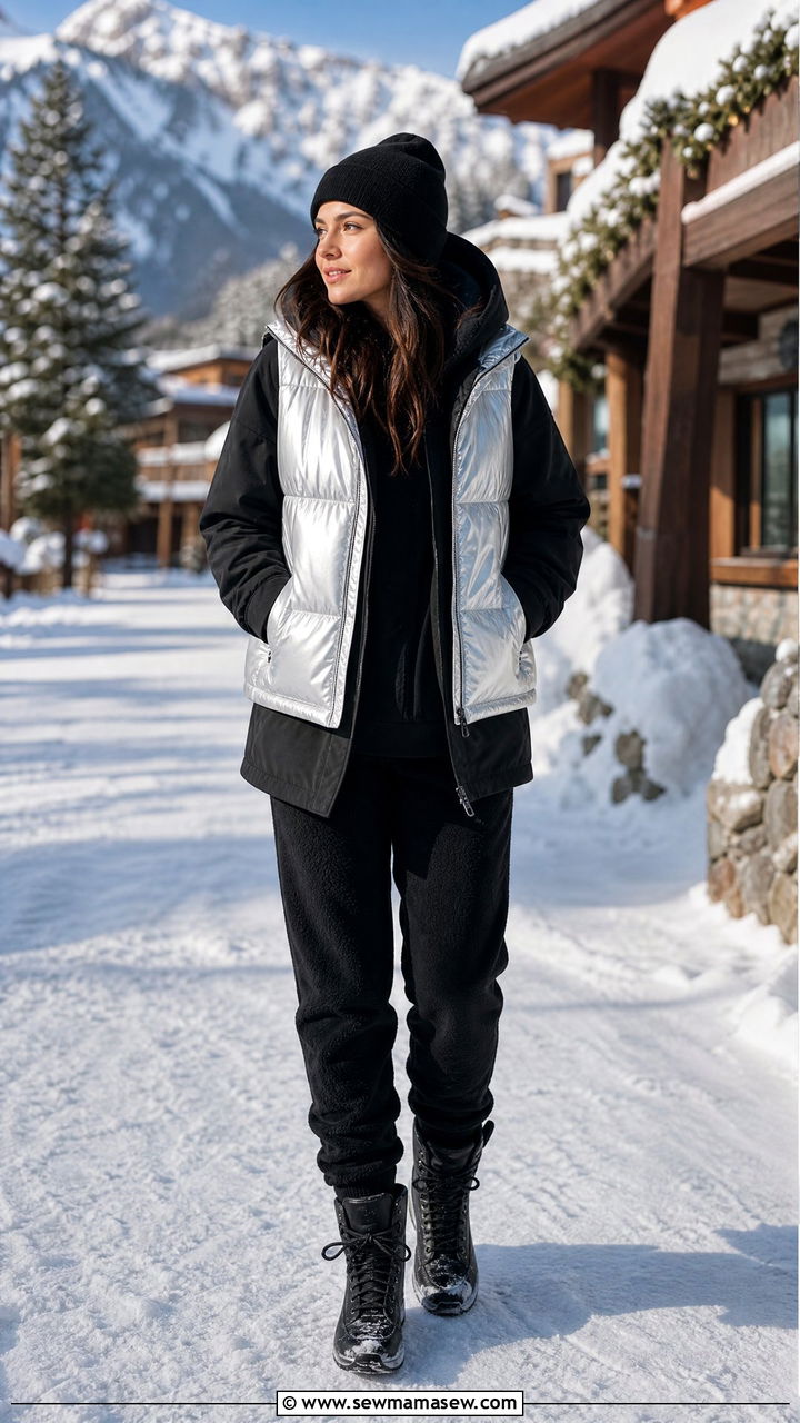 Puffer Vest Over A Hooded Coat With Fleece Lined Joggers And Snow Boots - 35 Hooded coat outfit ideas