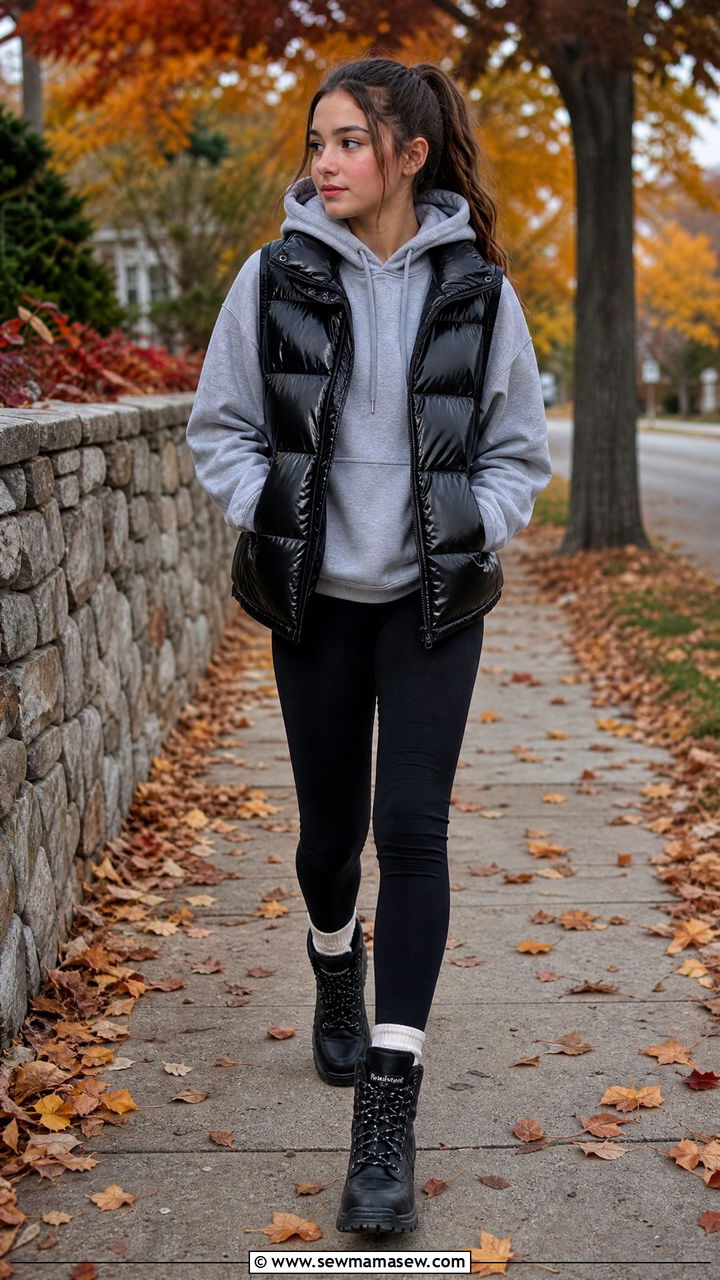 Puffer Vest Over A Hoodie With Leggings - 30 Cute outfits for 13 year olds